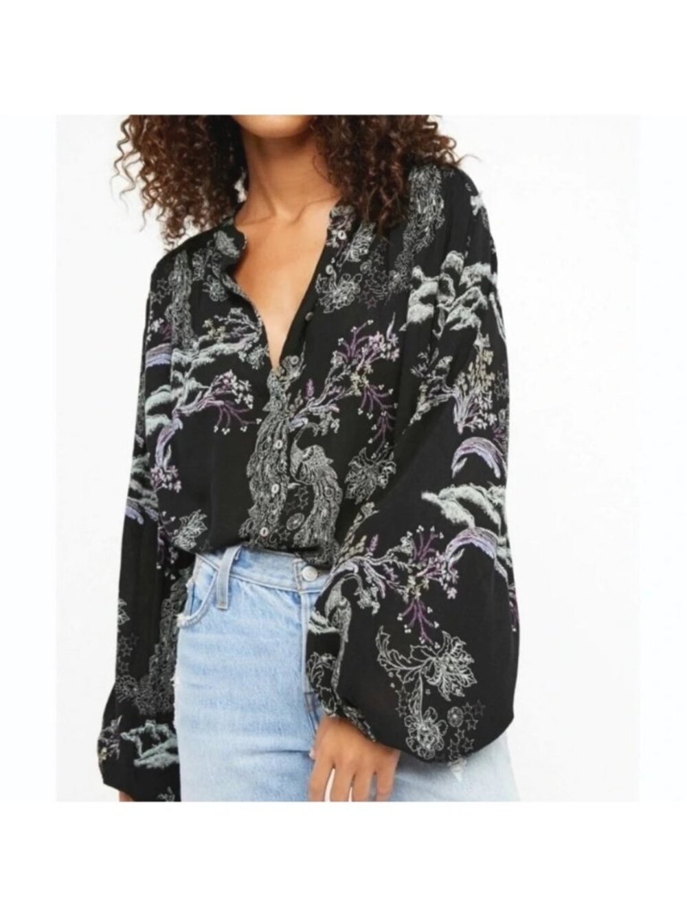 Free People Metallic Bloom Peacock Top S Peasant Floral Boho Hippie Asian Print